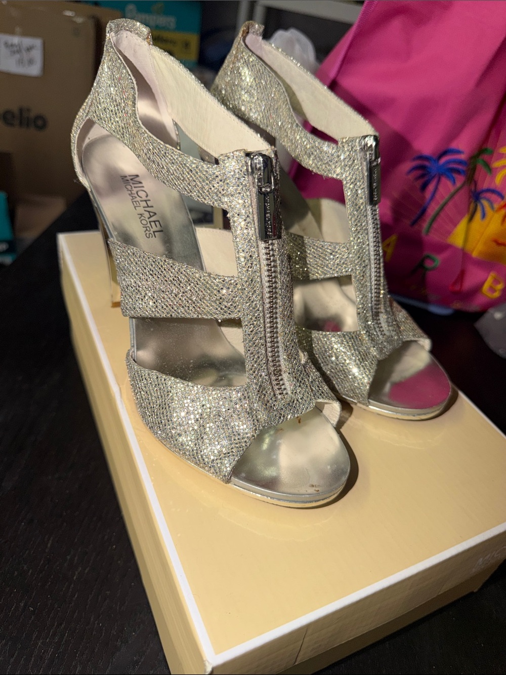 Michael Kors Glitter Zip-Front High Heel Sandals — Silver